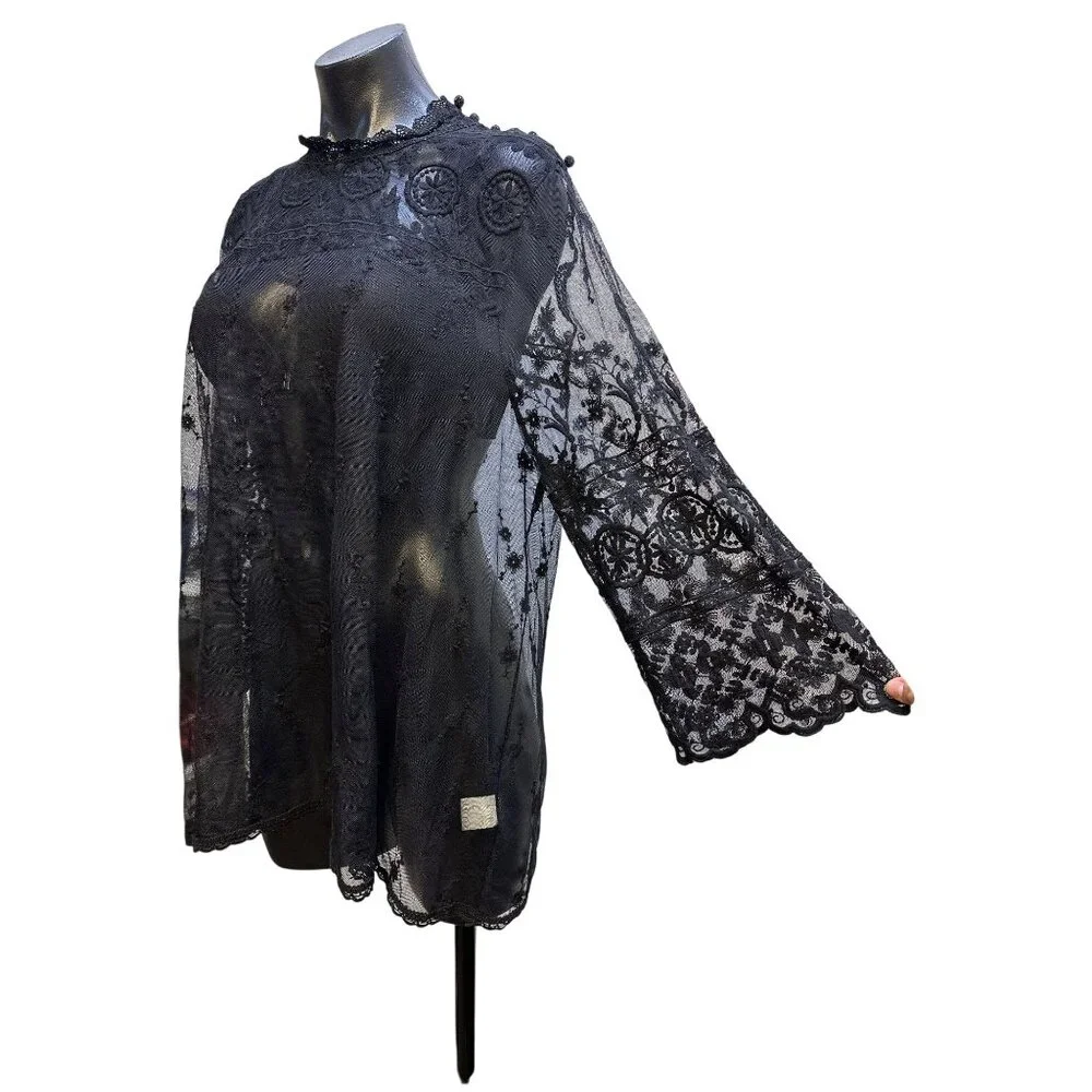 4 Love And Liberty Black Sheer Embroidered Lace Blouse w/Bell Sleeves Size XL - Picture 6 of 10